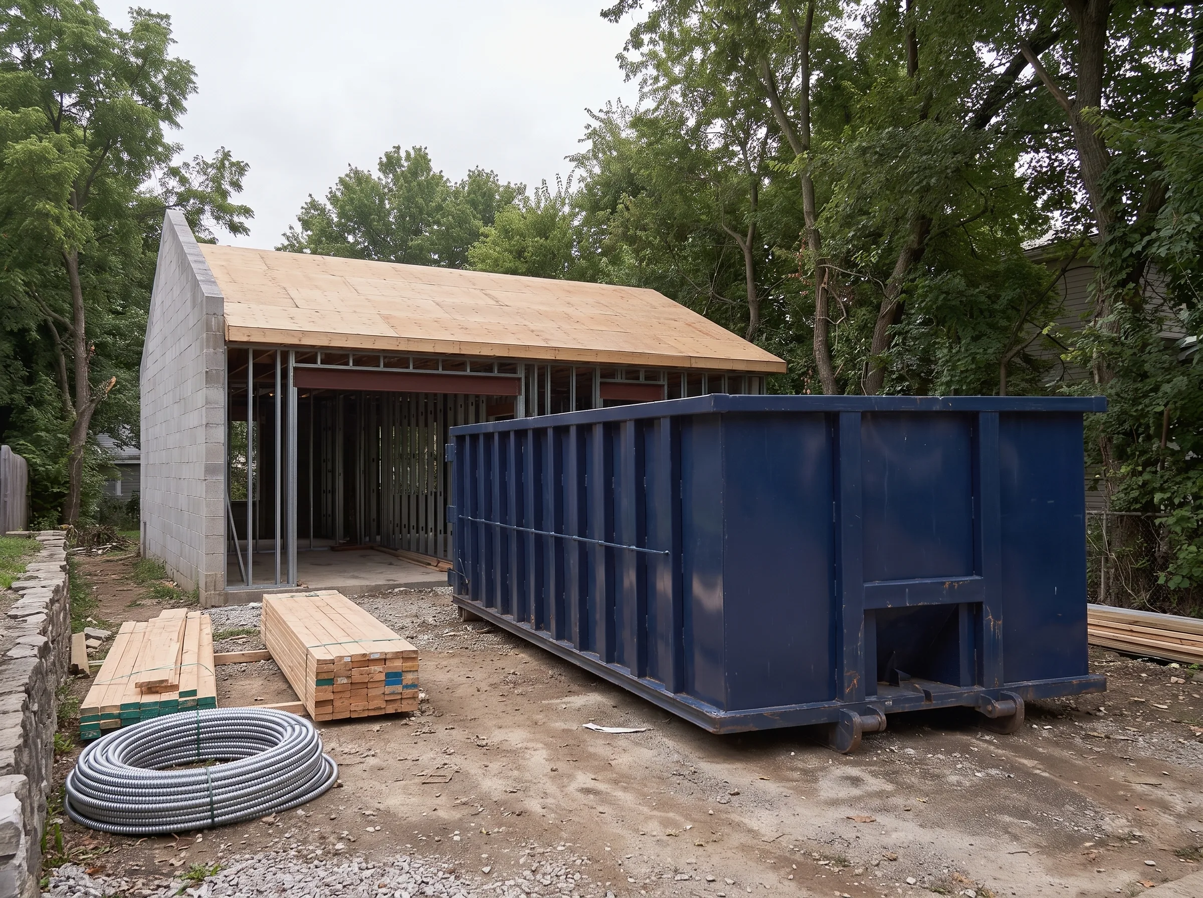 Roll-off dumpster being loaded in Barnstable, MA